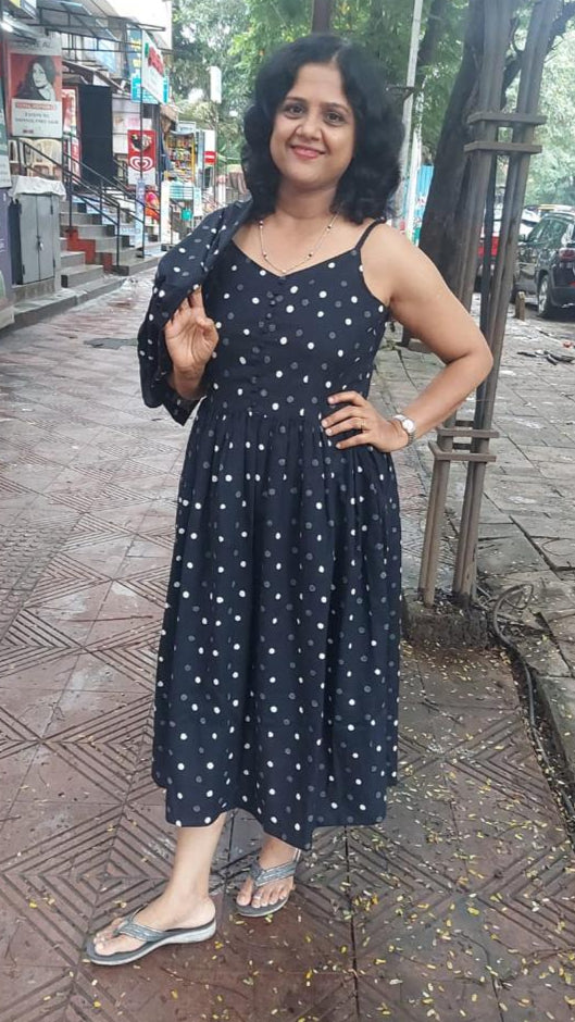 Black Handblock Printed spaghetti one piece with Jacket