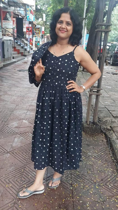 Black Handblock Printed spaghetti one piece with Jacket