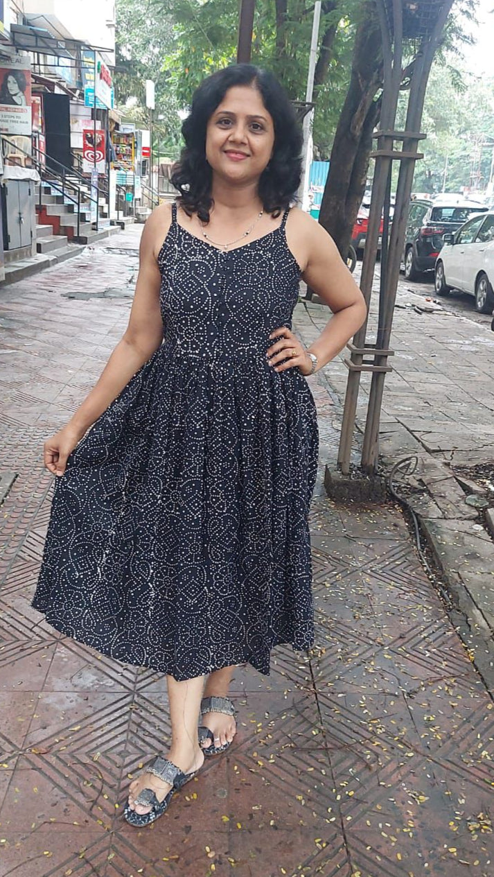 Black Handblock Printed spaghetti one piece with Jacket