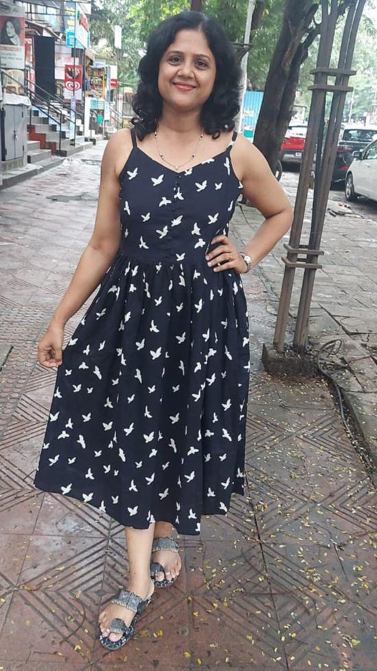 Black Handblock Printed spaghetti one piece with Jacket
