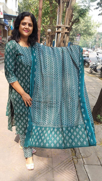 Bottle Green Cotton Lurex Full Suit With Dupatta