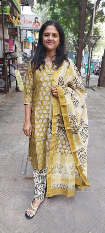 Mustard Yellow Block Printed Maheshwari Full Suit with Dupatta