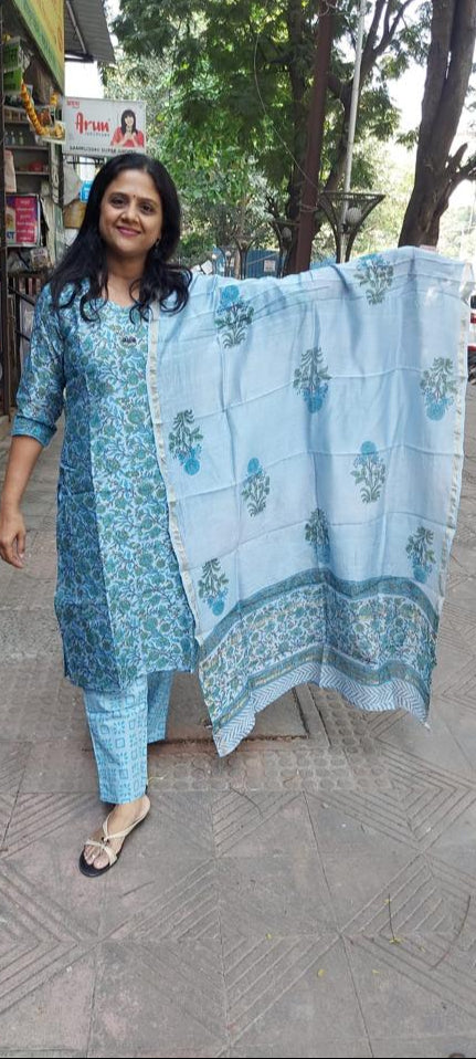 Blue Gray Block Printed Chanderi Cotton Full Suit with Dupatta
