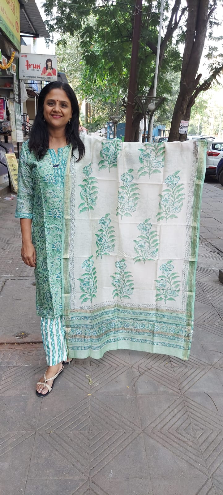 Pista Green Block Printed Maheshwari Full Suit with Dupatta