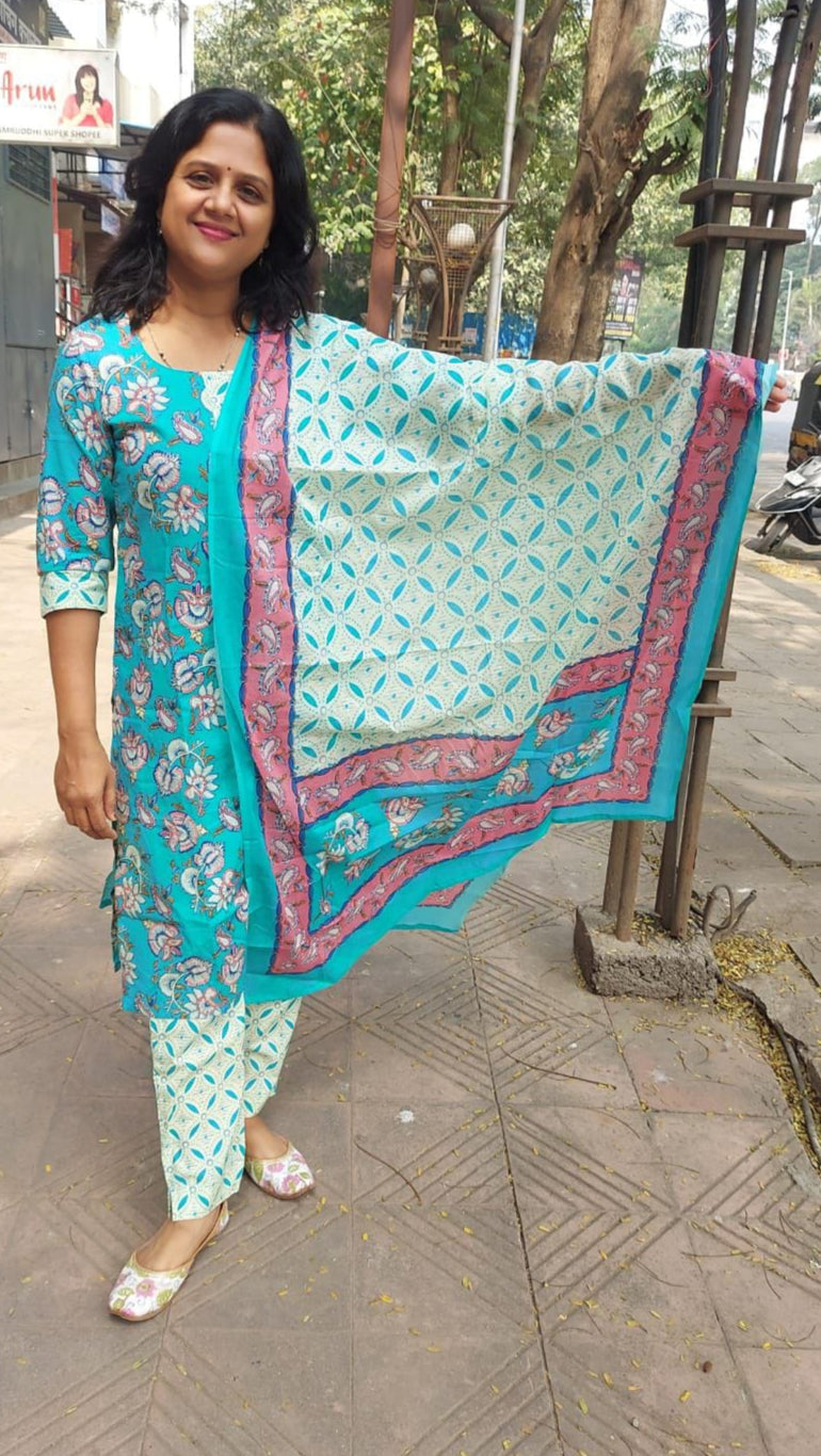 Sea Green Pure Cotton Printed Full Suit With Dupatta