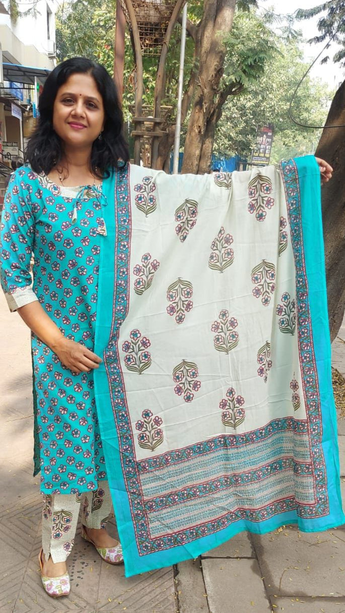 Sea Green Pure Cotton Printed Full Suit With Dupatta