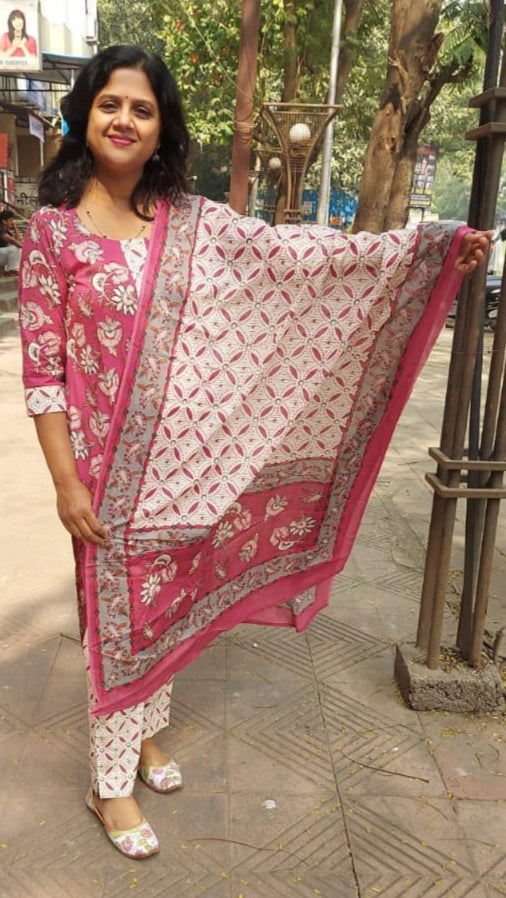 Pink Pure Cotton Printed Full Suit With Dupatta