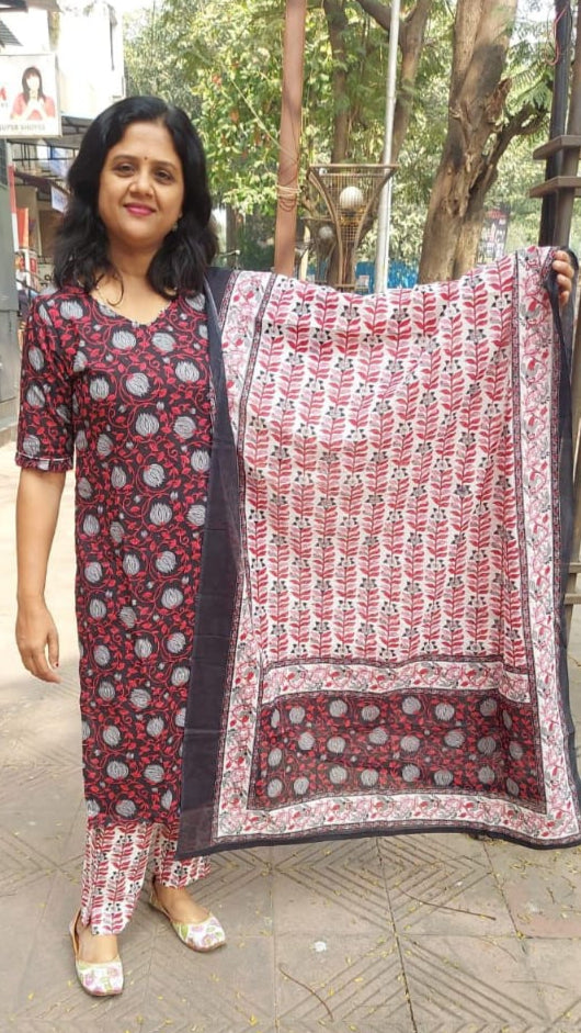Black Pure Cotton Printed Full Suit With Dupatta