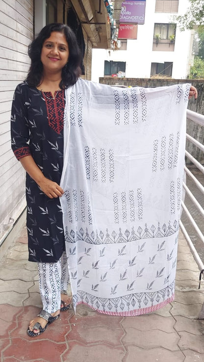 Black Pure Hand Block Printed Cotton Full Suit With Dupatta