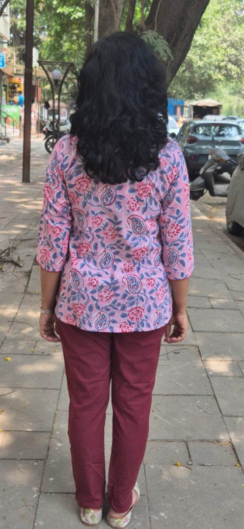 Red & pink Handblock Printed Short Top