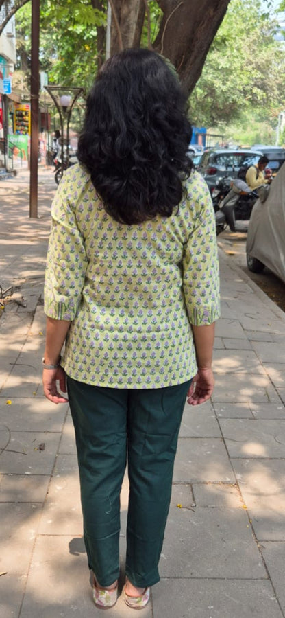 Yellow Handblock  Mul Cotton Short Top