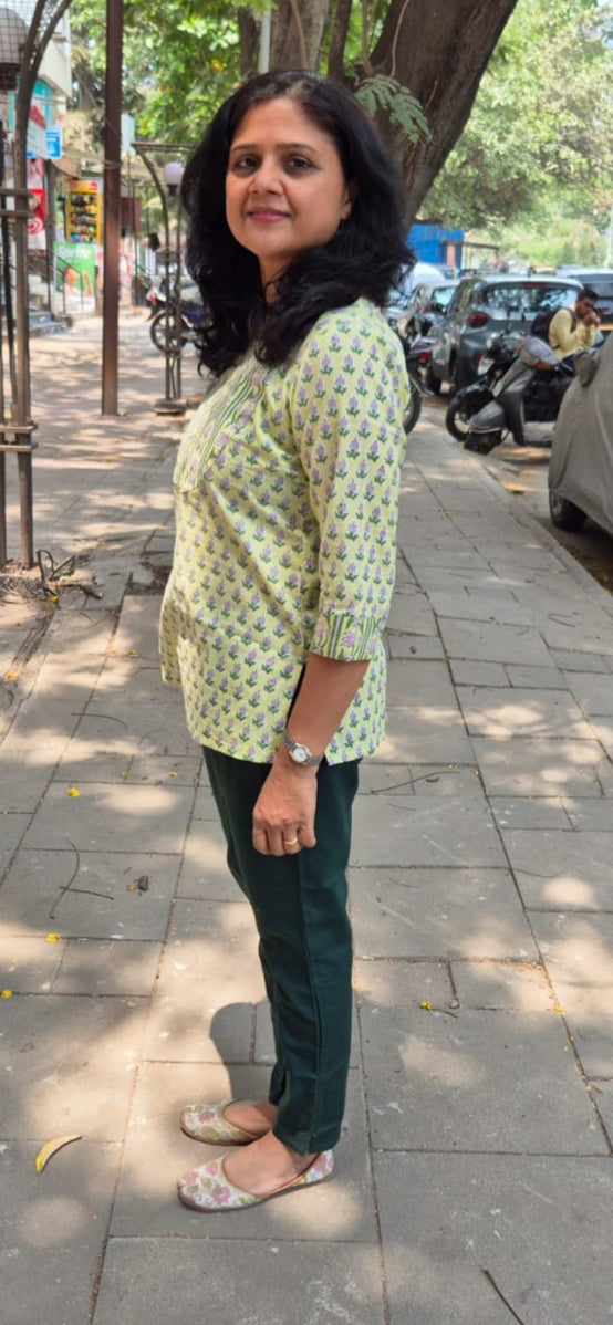 Yellow Handblock  Mul Cotton Short Top