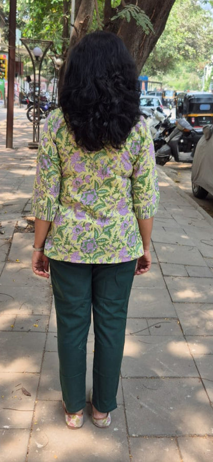 Yellow Handblock  Mul Cotton Short Top
