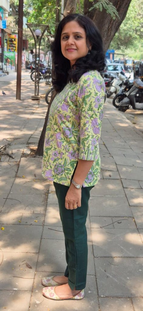 Yellow Handblock  Mul Cotton Short Top