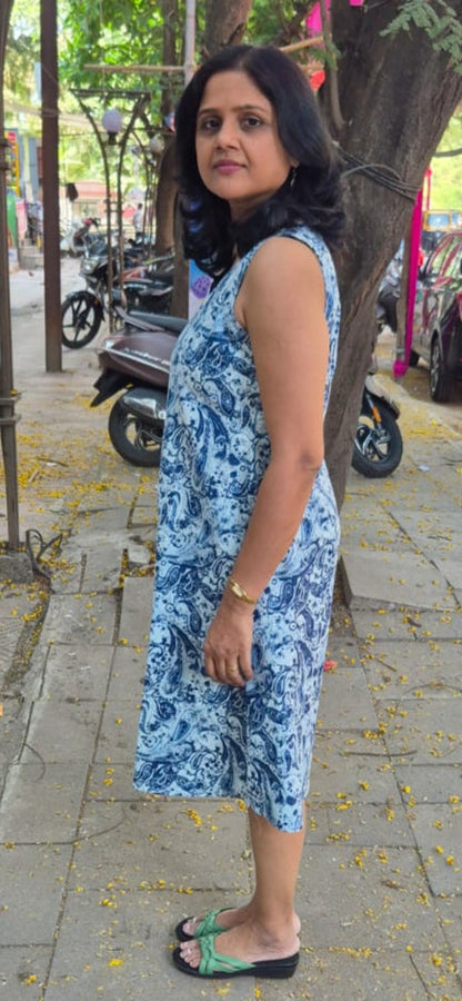 Blue Printed Sleeveless One Piece