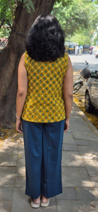 Mustard Yellow Hand block Kantha Cotton Short Top