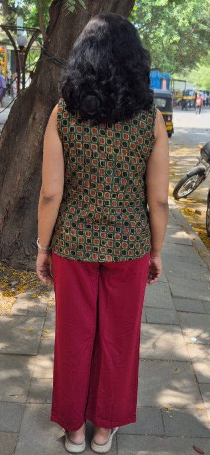 Bottle Green Hand block Kantha Cotton Short Top