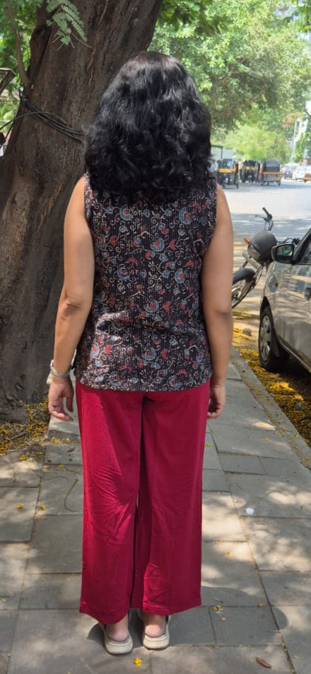 Black  Hand block Kantha Cotton Short Top