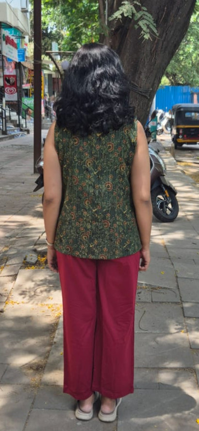 Bottle Green Hand block Kantha Cotton Short Top
