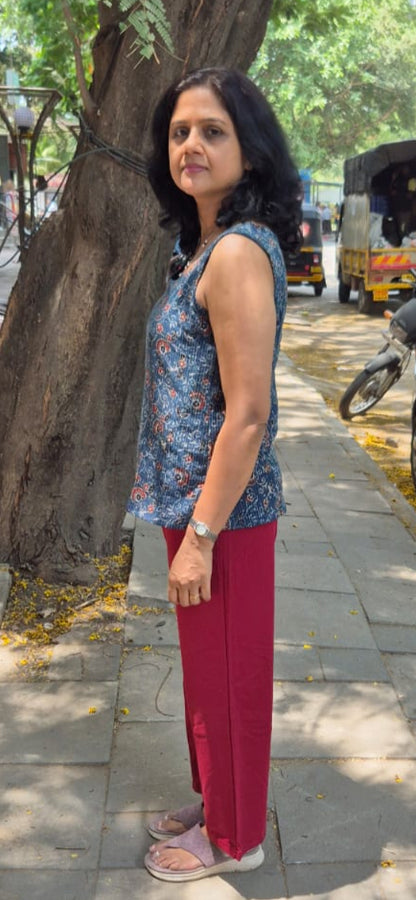 Blue Hand block Kantha Cotton Short Top