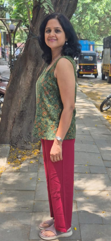 Bottle Green Hand block Kantha Cotton Short Top