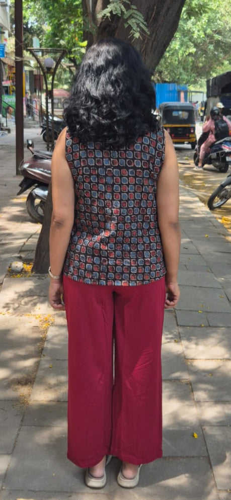 Black Hand block Kantha Cotton Short Top
