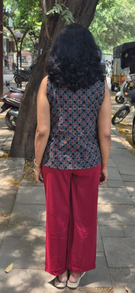 Blue Hand block Kantha Cotton Short Top