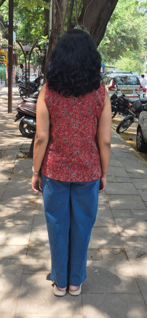Maroon Hand block Kantha Cotton Short Top