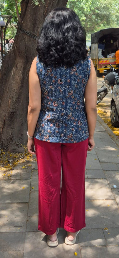 Blue Hand block Kantha Cotton Short Top