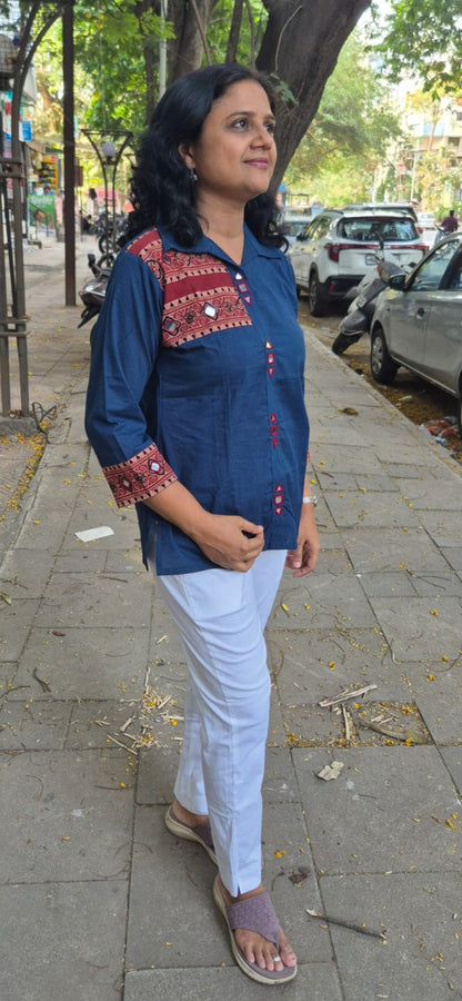 Blue  Pure Cotton Ajrakh Short Top