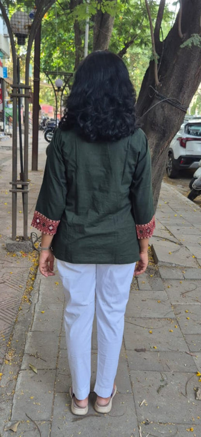 Bottle Green Pure Cotton Ajrakh Short Top