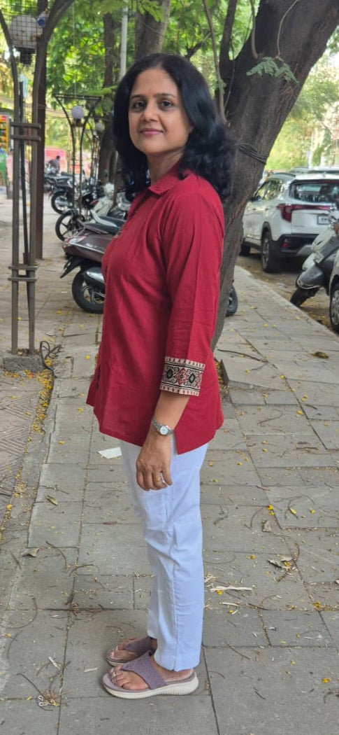 Maroon Pure Cotton Ajrakh  Short Top