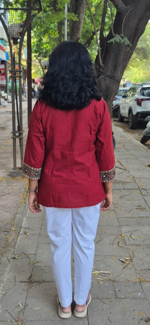 Maroon Pure Cotton Ajrakh  Short Top
