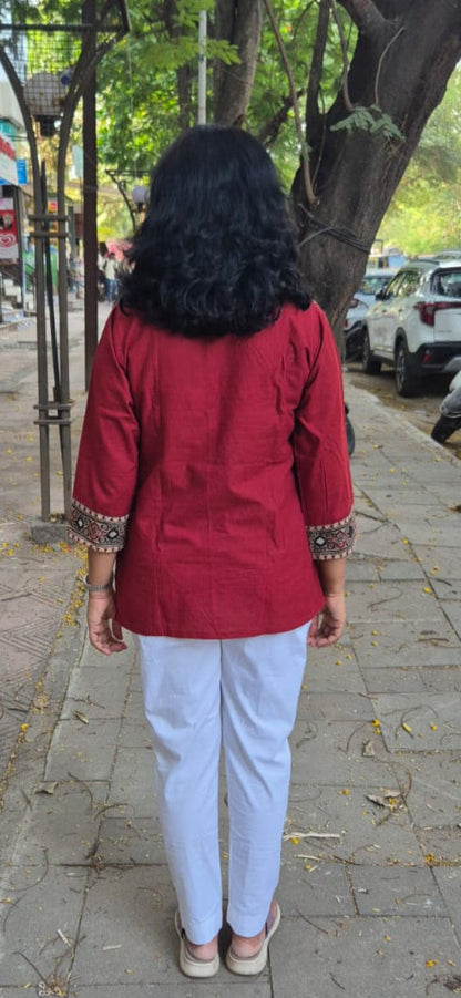 Maroon Pure Cotton Ajrakh  Short Top