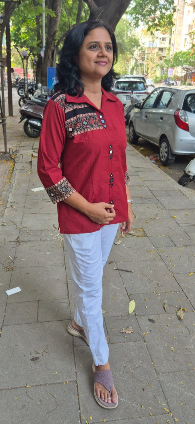 Maroon Pure Cotton Ajrakh  Short Top