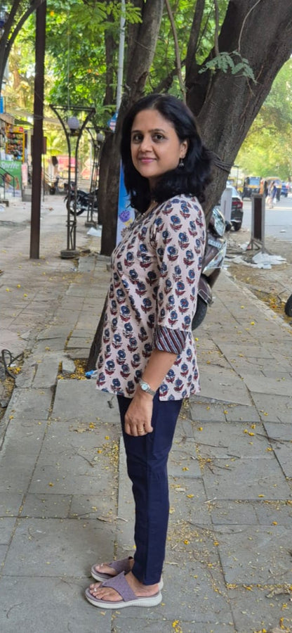Off White Ajrakh Cotton Short Top