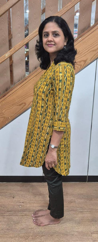Mustard Yellow Ajrakh Knee Length Kurta