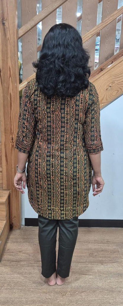 Bottle Green Ajrakh Knee Length Kurta