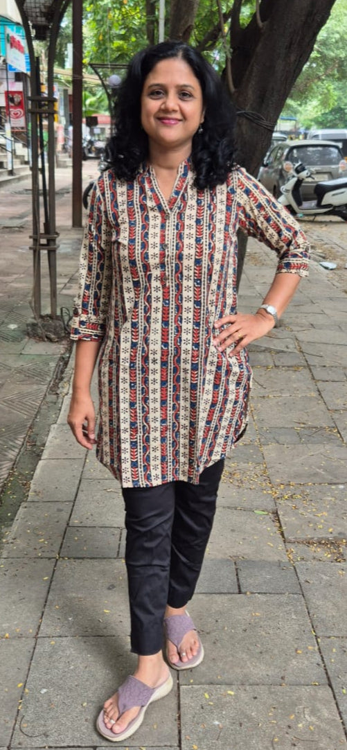Off White Ajrakh Knee Length Kurta