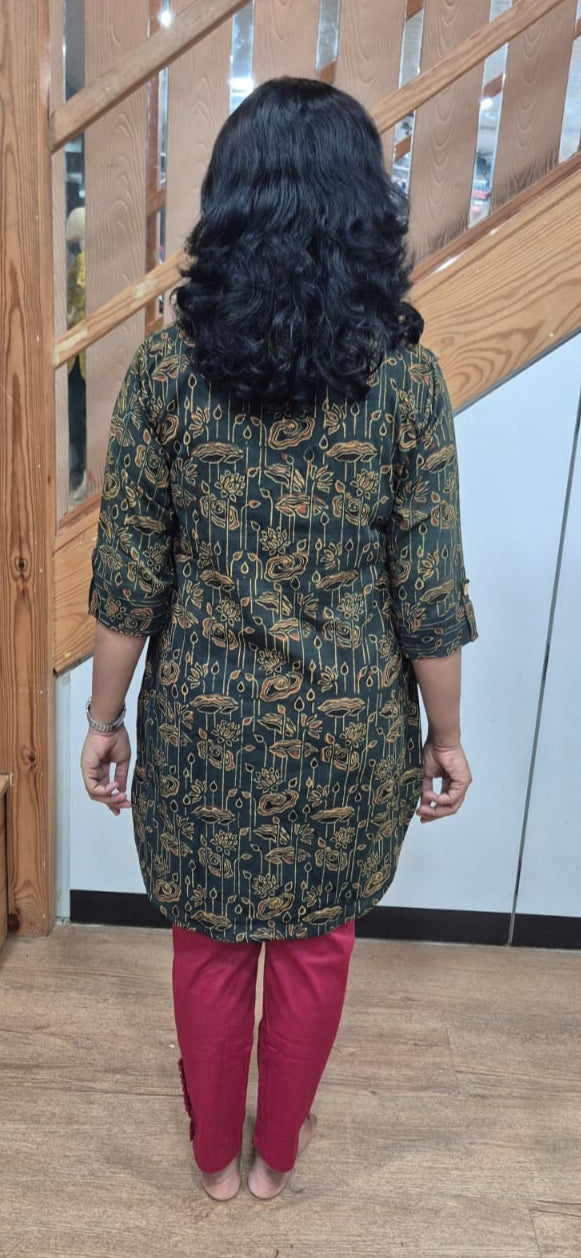 Bottle Green Ajrakh Knee Length Kurta