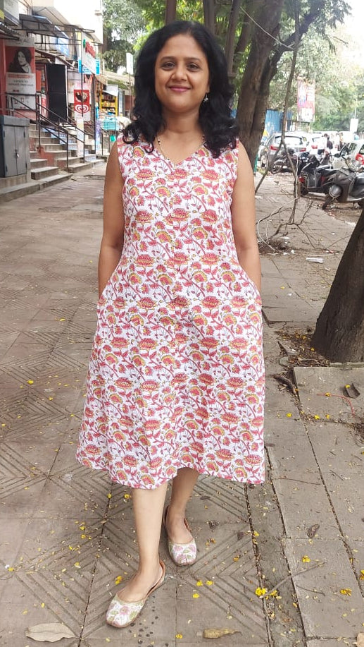 Red Block Printed Knee Length One Piece