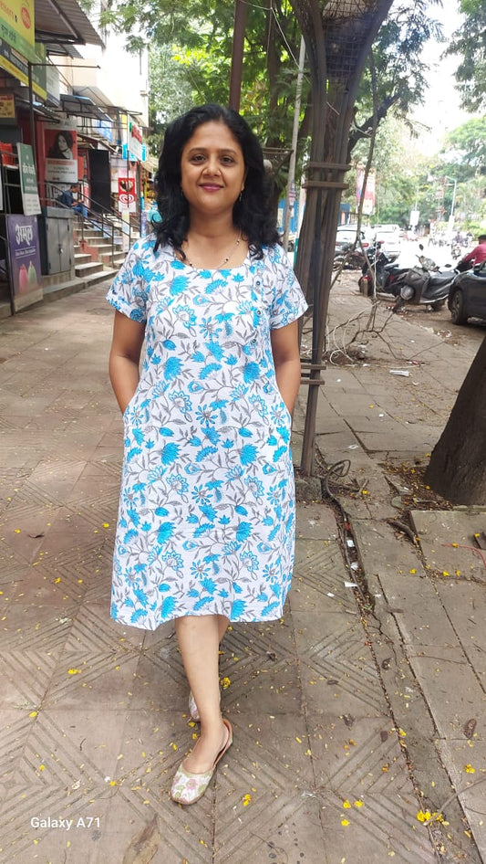 Sky Blue Block Printed Knee Length One Piece