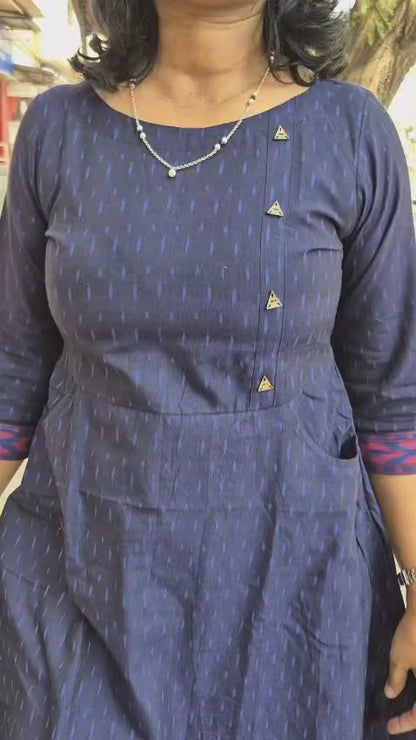 Navy Blue Handloom Ikkat Sleeved A line One Piece