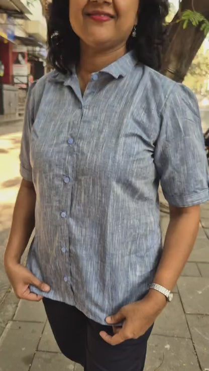 Blue Linen Cotton Sleeveless Shirt