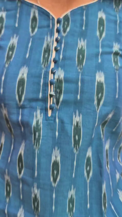 Peacock Blue Cotton Ikat Sleeved Short Top
