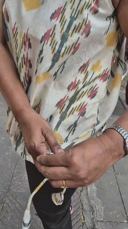 Off White Cotton Ikat Sleeveless Short Top