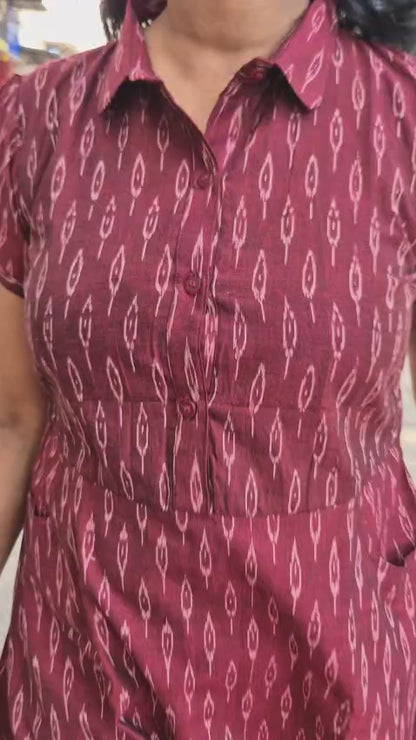 Wine Handloom Ikkat Fully Openable One Piece