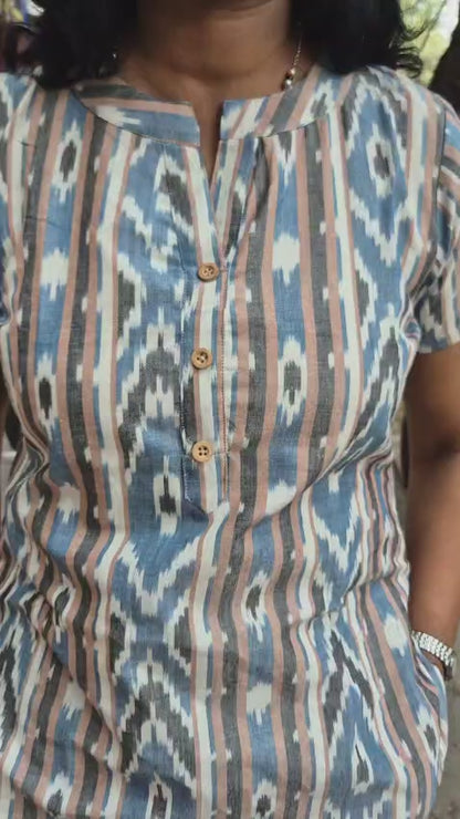 Sky Blue Cotton Ikat Sleeved Short Top