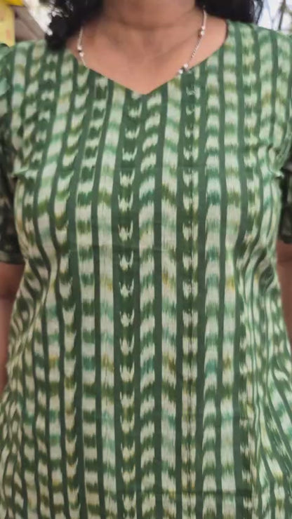 Green Cotton Ikat Sleeved Short Top