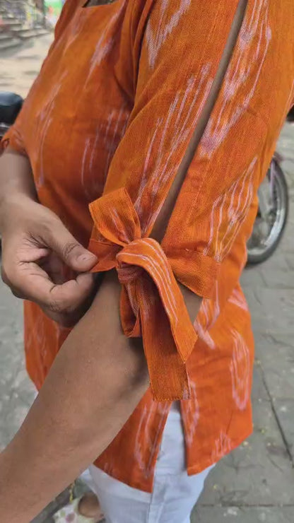 Orange Cotton Ikat Sleeved Short Top